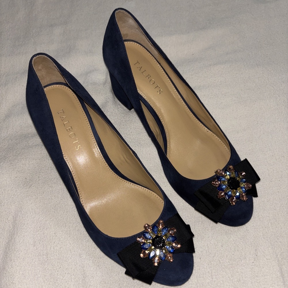 Talbots ISA Block Heel Pumps JEWEL EMBELLISHED Blue Suede Women's 7.5 Formal
